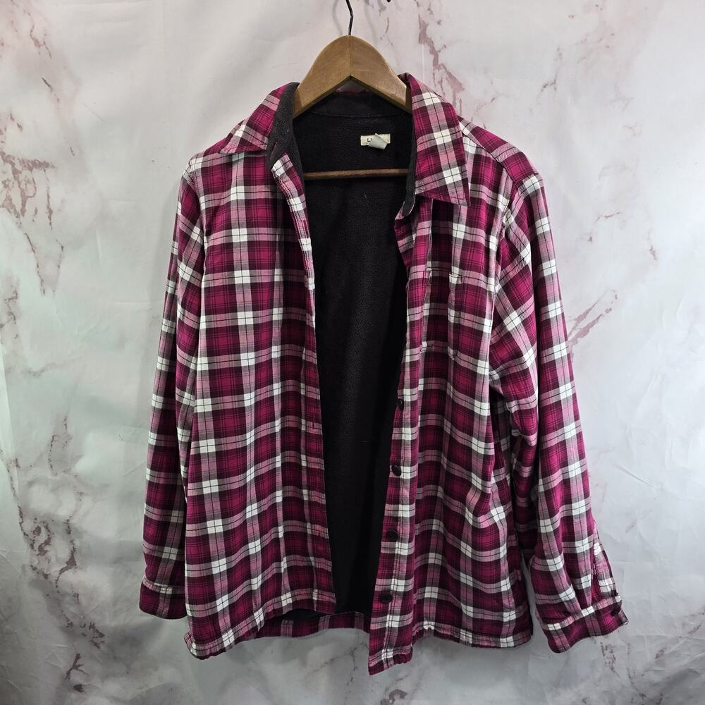 LL Bean Shirt Jacket Womens Small Red Pink Plaid Fleece Lined Flannel Button Up